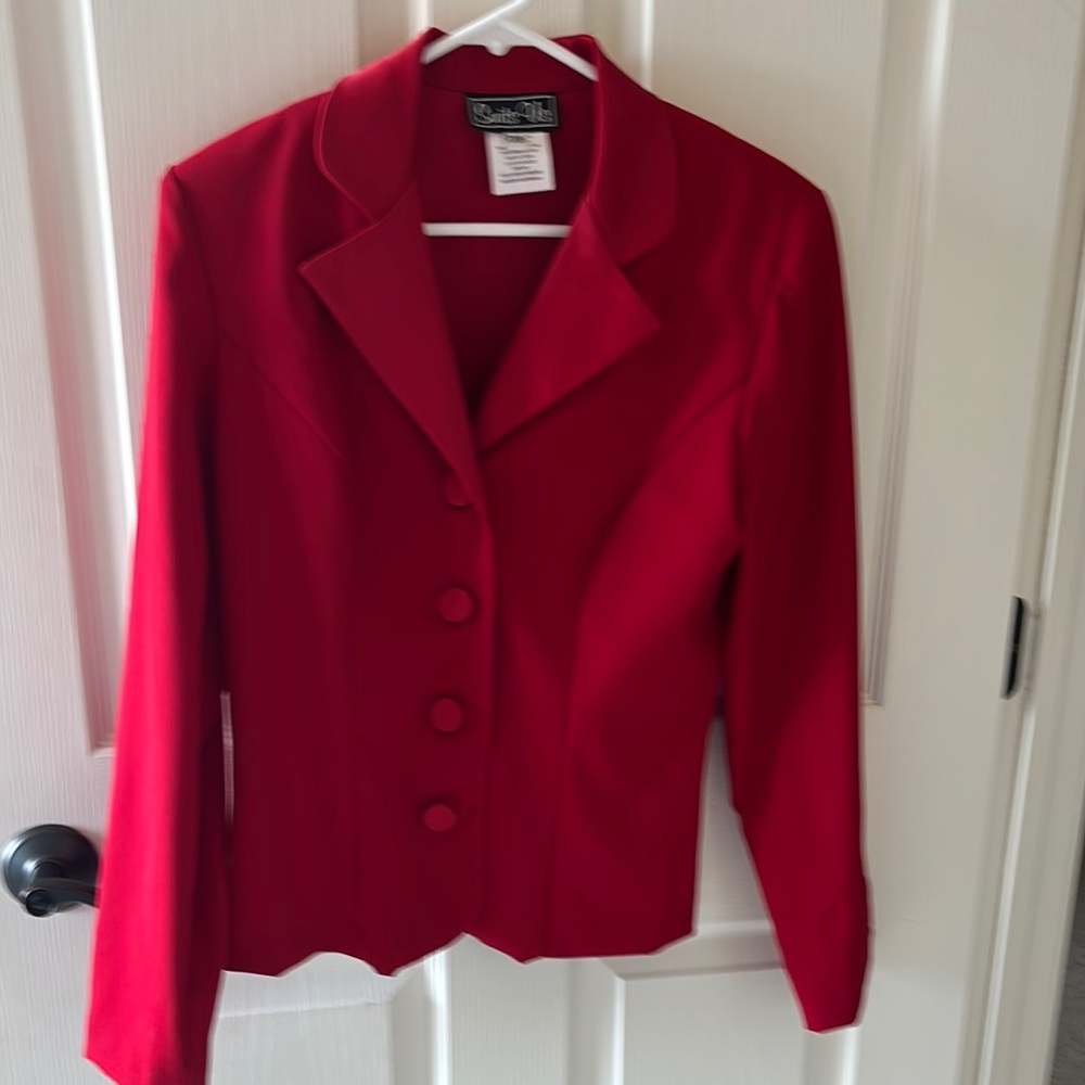 Suits Us Red Blazer Structured Suit Jacket and skirt.